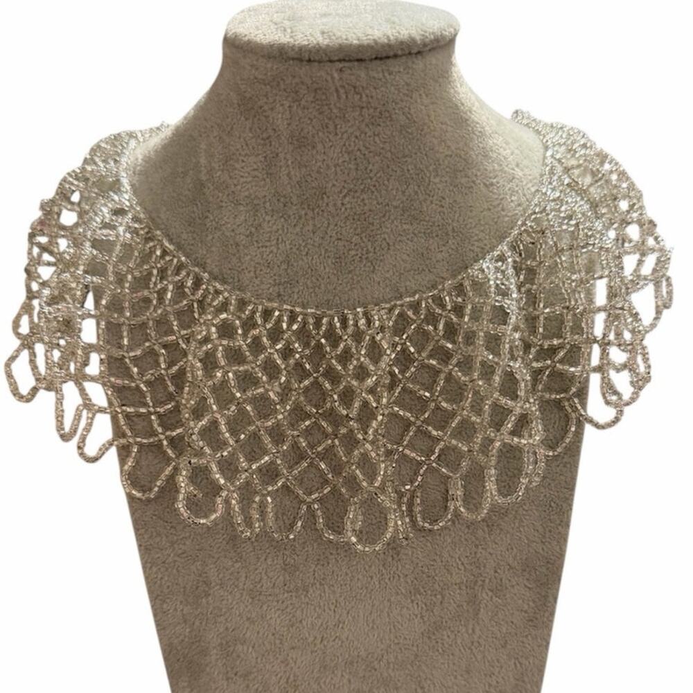 Vintage Clear Seed Bead Collar Bib Necklace Silver Tone Approx. 2” Wide